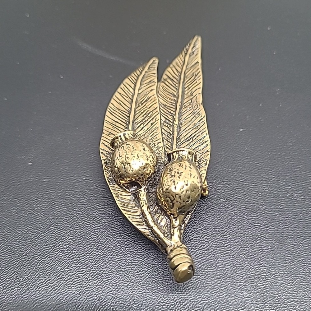 Vintage Brooch Signed JJK Gold Eucalyptus Leaf Gum Nut Australia Botanical Pin